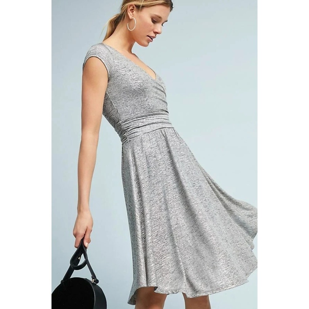 Maeve  x Anthropologie Tamera Metallic Silver Shimmer Jersey Dress Faux Wrap XS - Picture 16 of 16